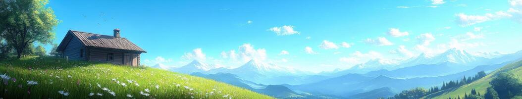 Rolling green hills with a wooden cabin under a bright blue sky near mountains photo