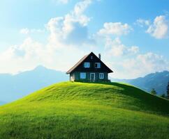 Charming house on a green hill with blue sky and mountains in the background photo
