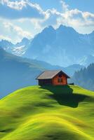 Wooden cabin rests on a lush green hill with mountains in the background photo