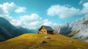 Cozy orange cabin perched on a hillside surrounded by mountains photo