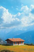 Scenic mountain house with vibrant landscape under a bright sky photo