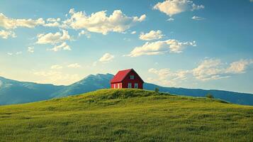 Bright red house on a hill under a blue sky with fluffy clouds photo