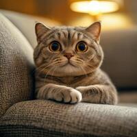 Curious tabby cat relaxing on a cozy sofa in warm indoor lighting photo