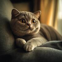 Gray cat lounging comfortably on a sofa in soft afternoon light photo