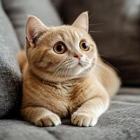 Curious orange cat relaxing on a gray couch in a cozy living room photo