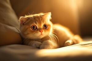 Cute kitten resting on a cozy couch with warm natural light photo