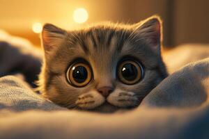 Curious kitten with big eyes peeking from a cozy blanket during evening photo