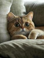 Cute cat relaxing on cozy couch cushions with big expressive eyes photo