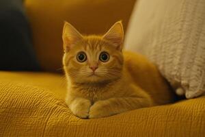 Cute orange kitten relaxing on a cozy yellow couch in a warm setting photo