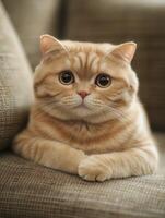 Cute orange cat relaxing on a cozy couch with attentive expression photo