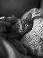 Curious gray cat looks surprised while nestled in a cozy blanket photo