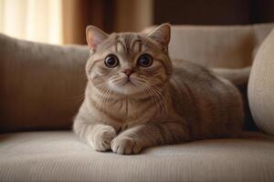 Cute gray tabby cat with large eyes resting on a cozy sofa photo