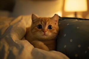 Cat relaxing on a cozy bed at night with soft lighting in the room photo