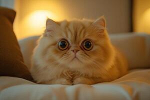Fluffy orange cat with big eyes lounging on a cozy bed at night photo