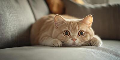 Curious orange cat lying on a gray couch in bright living room photo