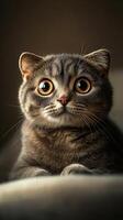 Fluffy cat with big eyes looking curiously at the camera indoors photo