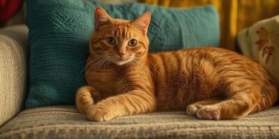 Orange tabby cat relaxing on a couch with colorful pillows in a cozy living room photo