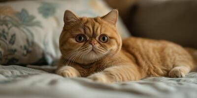 Cute orange cat relaxing on a comfortable bed with soft pillows photo