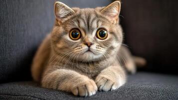 Gray cat with large eyes relaxing on a couch in a cozy living room photo