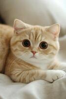 Cute orange kitten relaxing on a soft blanket in a cozy indoor setting photo