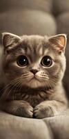 Cute gray kitten with big eyes resting on a soft surface photo