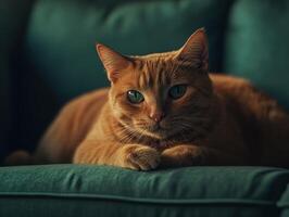 Playful orange cat lounges comfortably on a teal sofa in soft light photo