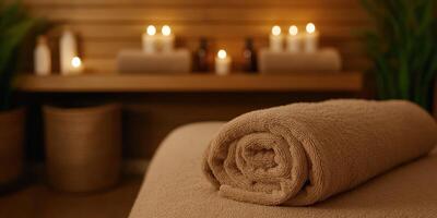 Relaxation space with rolled towels and soft lighting for a calming experience photo