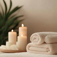 Relaxing spa setup with soft towels and lit candles for a serene ambiance photo