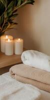 Relaxing spa setting with towels and candles for a tranquil experience photo