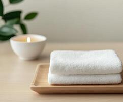 Spa setting with towels and candle for relaxation and wellness photo