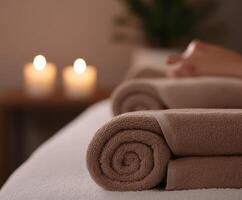 Relaxing spa atmosphere with rolled towels and calming candles photo