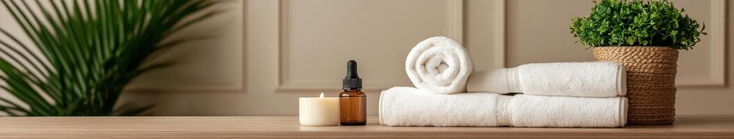 Relaxation setup with towels, candles, and essential oils in serene environment photo