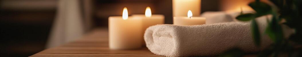 Relaxing spa setup with candles and soft towels for a calming experience photo