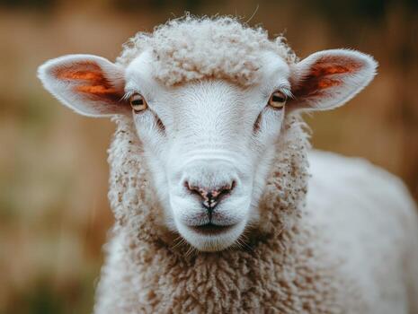 Close up of a sheep showcasing its soft wool coat and expressive features photo