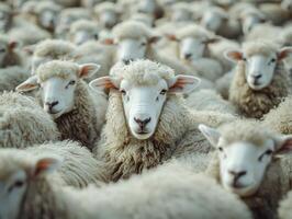 Herd of sheep grazing in a lush field on a sunny day photo