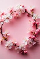 Pink cherry blossoms arranged in a circular pattern on a pastel background photo