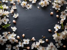 Delicate cherry blossoms arranged on a dark surface photo