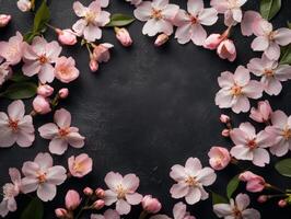 Blossoming pink flowers arranged beautifully on a dark surface photo