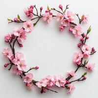 Cherry blossoms in a circular wreath on a simple backdrop photo