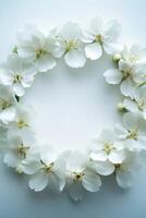 Elegant white flower wreath on a light background showcasing delicate blooms photo