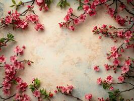Blossoming cherry flowers frame a pastel background for spring decor photo