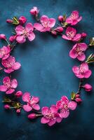 Floral wreath made of pink blossoms on a blue background photo