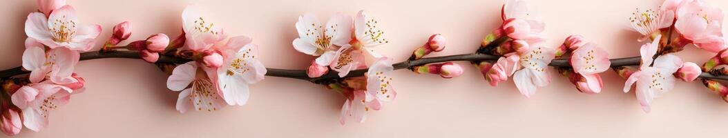 Cherry blossom branch with delicate pink flowers on a neutral background photo