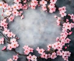 Cherry blossoms frame vibrant gray background for spring celebration photo