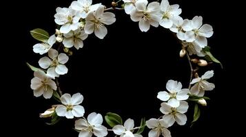 Beautiful white blossoms create a circular floral arrangement on dark background photo