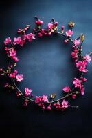 Beautiful floral wreath made of cherry blossoms against a dark background photo