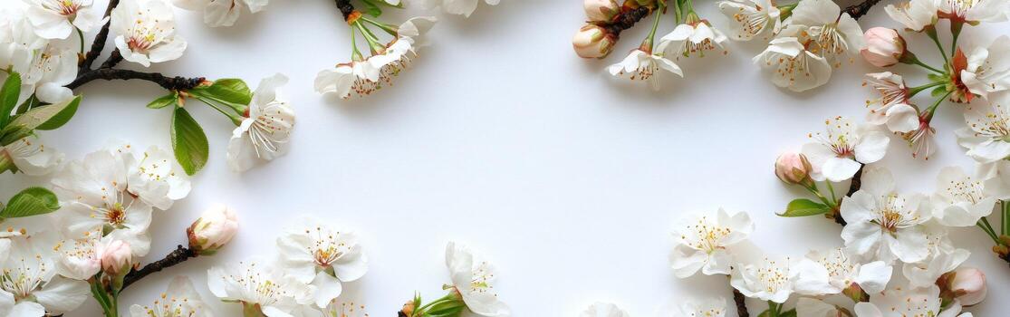White cherry blossoms frame a blank background for spring decoration photo