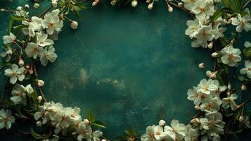 Delicate white flowers arranged in a circular design on a teal background photo