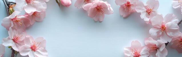 Cherry blossom petals arranged on a light blue surface for decoration photo