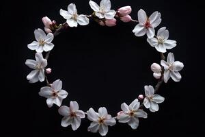 Beautiful cherry blossom wreath on a black background showcasing delicate petals photo